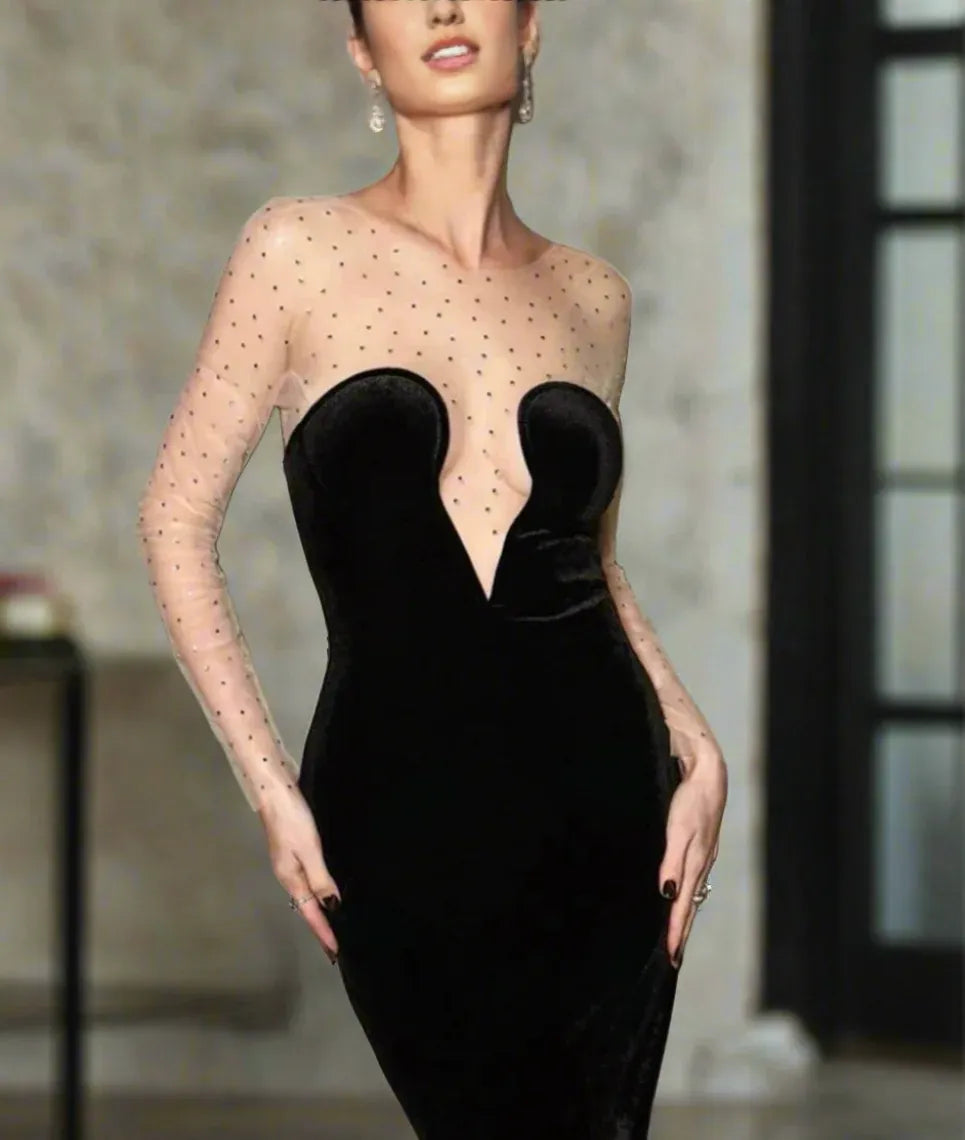 Vestido Weitese de terciopelo con diamantes de imitación, vestido largo de fiesta, vestido negro elegante con corsé y corte sirena, vestido de fiesta.